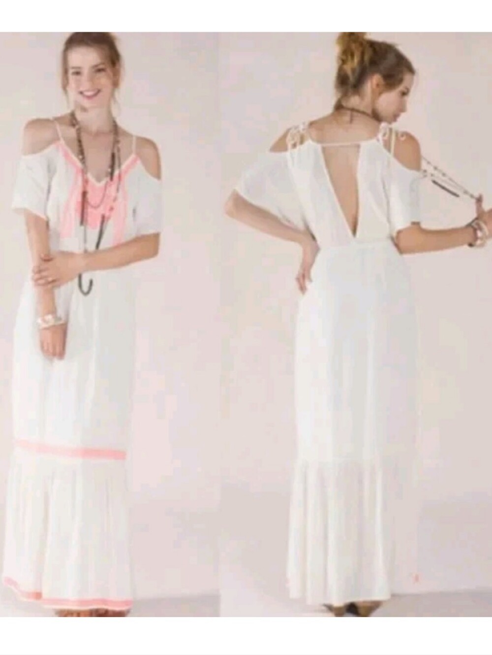 Flying Tomato Maxi Gauzy Prairie Dress Cream Neon Orange Embroidered Ivory XS